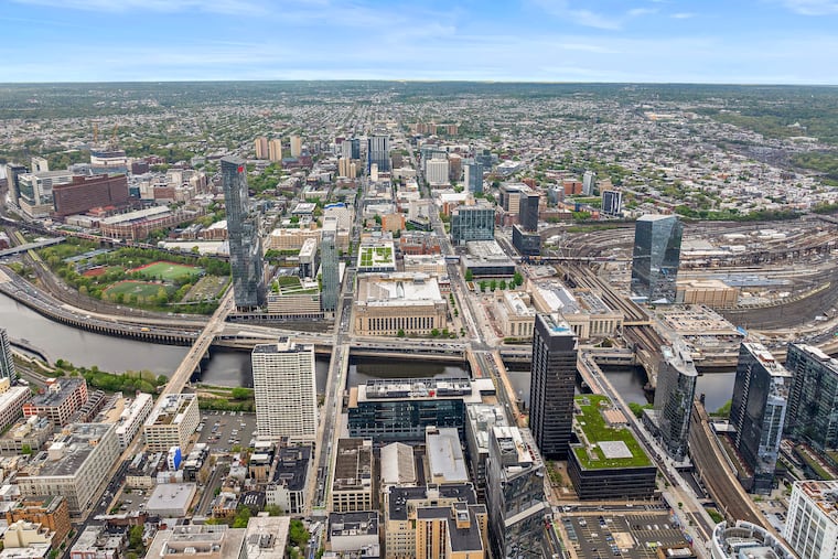 A drone's-eye view of the University City skyline.