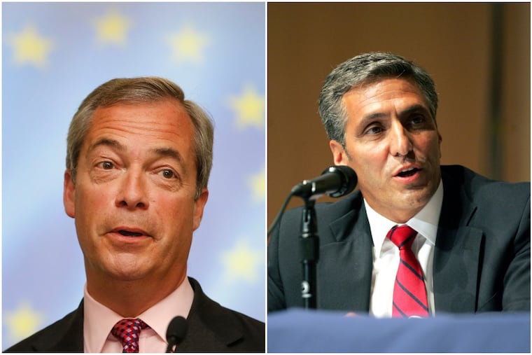 Nigel Farage (left) the former leader of the U.K. Independence Party, will appear with U.S. Rep. Lou Barletta at a campaign fundraiser in Harveys Lake, Luzerne County, on July 20.