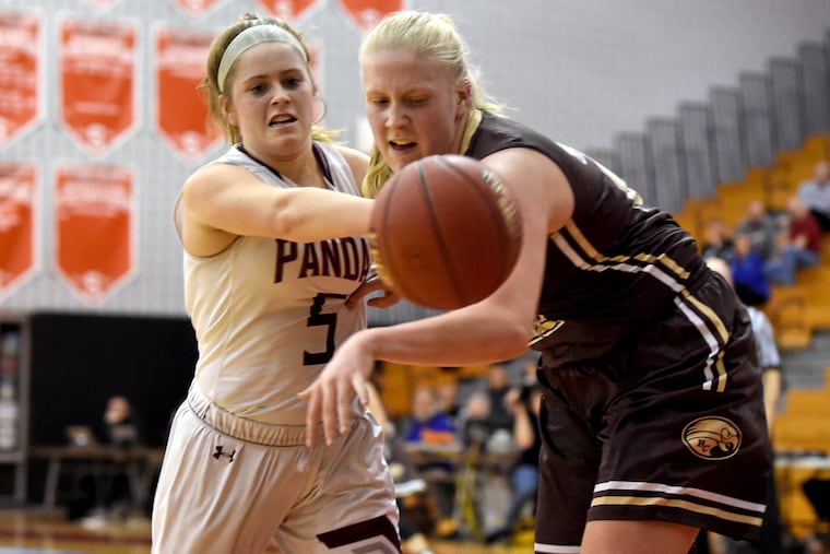 Bonner-Prendergast's Bridie McCann (left) scored 13 points in the Pandas' 62-18 win over Hallahan on Monday.