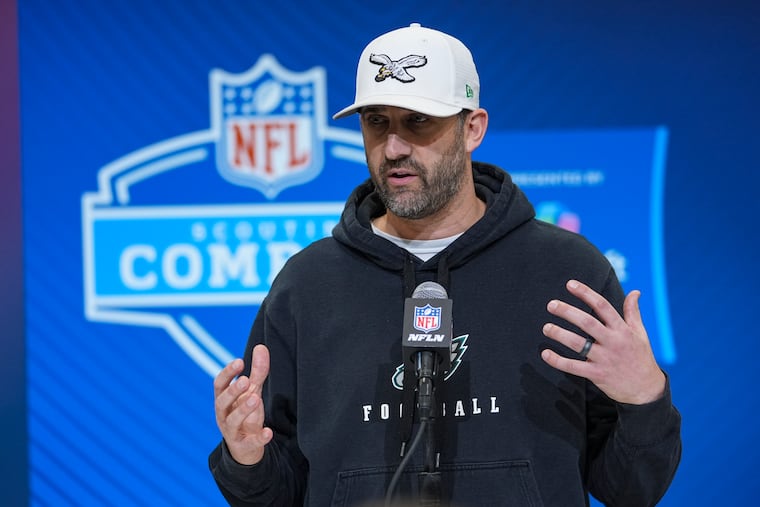 Eagles coach Nick Sirianni speaking at the NFL scouting combine in Indianapolis on Tuesday.