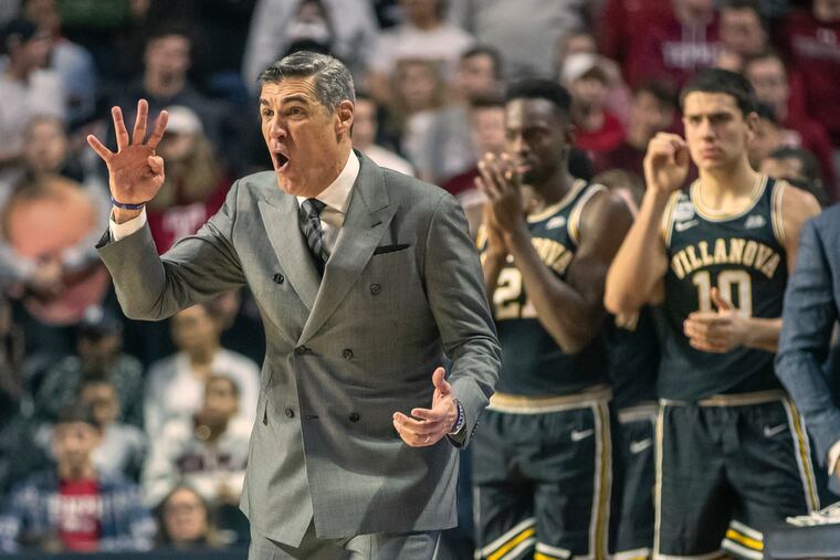 Villanova head coach yells to his team the play he wants to run their next trip down the floor, in the second half of their game against Temple at the Liacouras Center on February 16, 2020. Villanova won 76-56