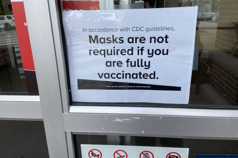 The sign outside the Giant in the Flourtown Shopping Center on Monday, May 31, 2021, says customers don't have to wear masks if they are fully vaccinated.