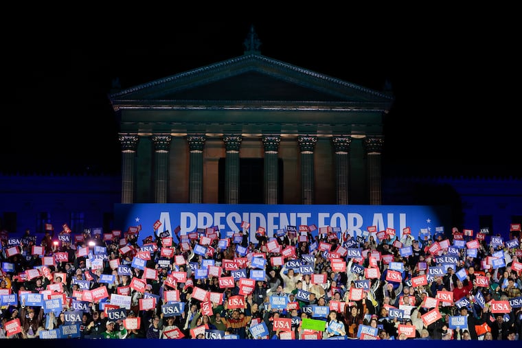 Supporters attend an election eve rally and concert supporting the candidacy of Vice President Kamala Harris at the Philadelphia Museum of Art on Monday, November 4, 2024.