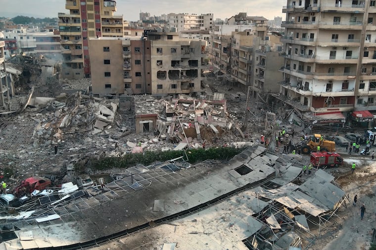 Rescuers work at the site of an Israeli airstrike that hit a building and damaged a hospital in the southern port city of Tyre, Lebanon, Monday, June 1, 2026.