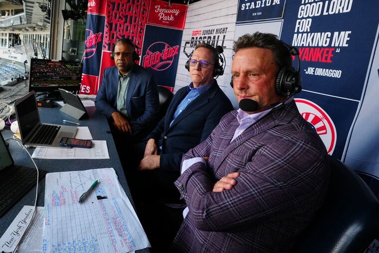 ESPN MLB announcers (from left) Eduardo Perez, David Cone, and Karl Ravech, who are calling the Phillies-Marlins wild-card series.