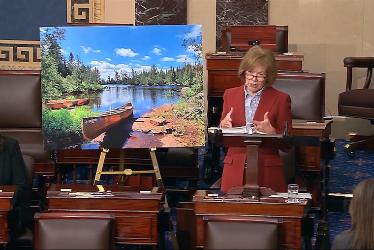 Sen. Tina Smith (D., Minn.) speaks about the Boundary Waters in northern Minnesota on the Senate floor at the U.S. Capitol in Washington, Wednesday, April 15, 2026.