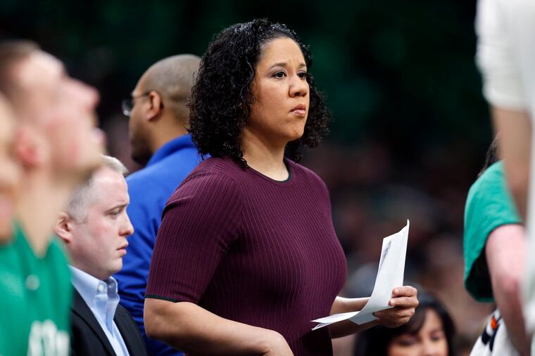 A file photo of Duke women's basketball head coach Kara Lawson during her time as a Boston Celtics assistant.
