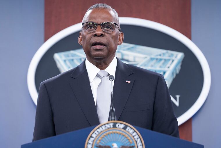 Defense Secretary Lloyd Austin speaks during a Pentagon press briefing at the Pentagon on Thursday in Washington.