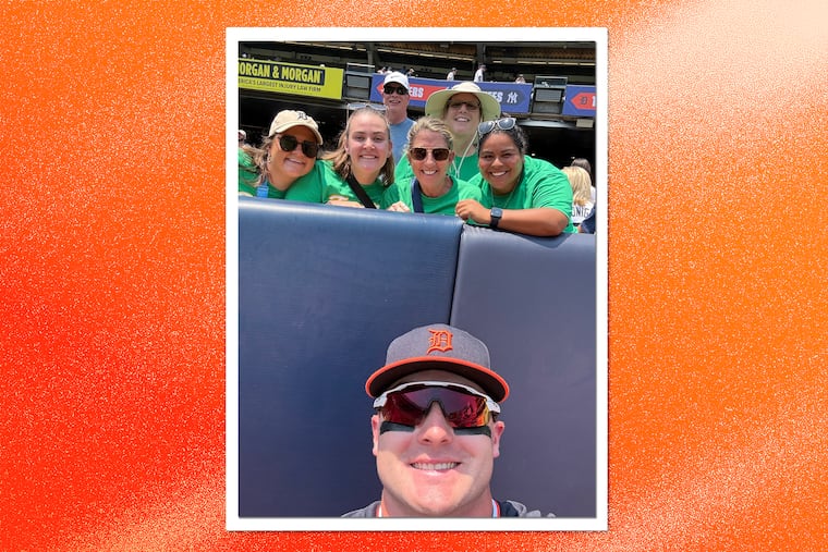Kevin McGonigle takes a selfie with some traveling Bonner Prendergast teachers and counselors at Yankee Stadium this month.
