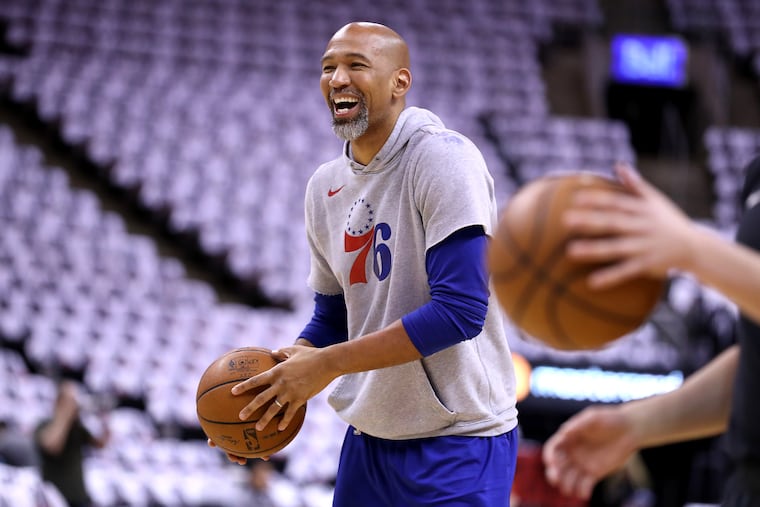 Assistant Coach Monty Williams of the Sixers before a game against the Raptors in the NBA playoffs at the Scotiabank Arena in Toronto on April 29, 2019.