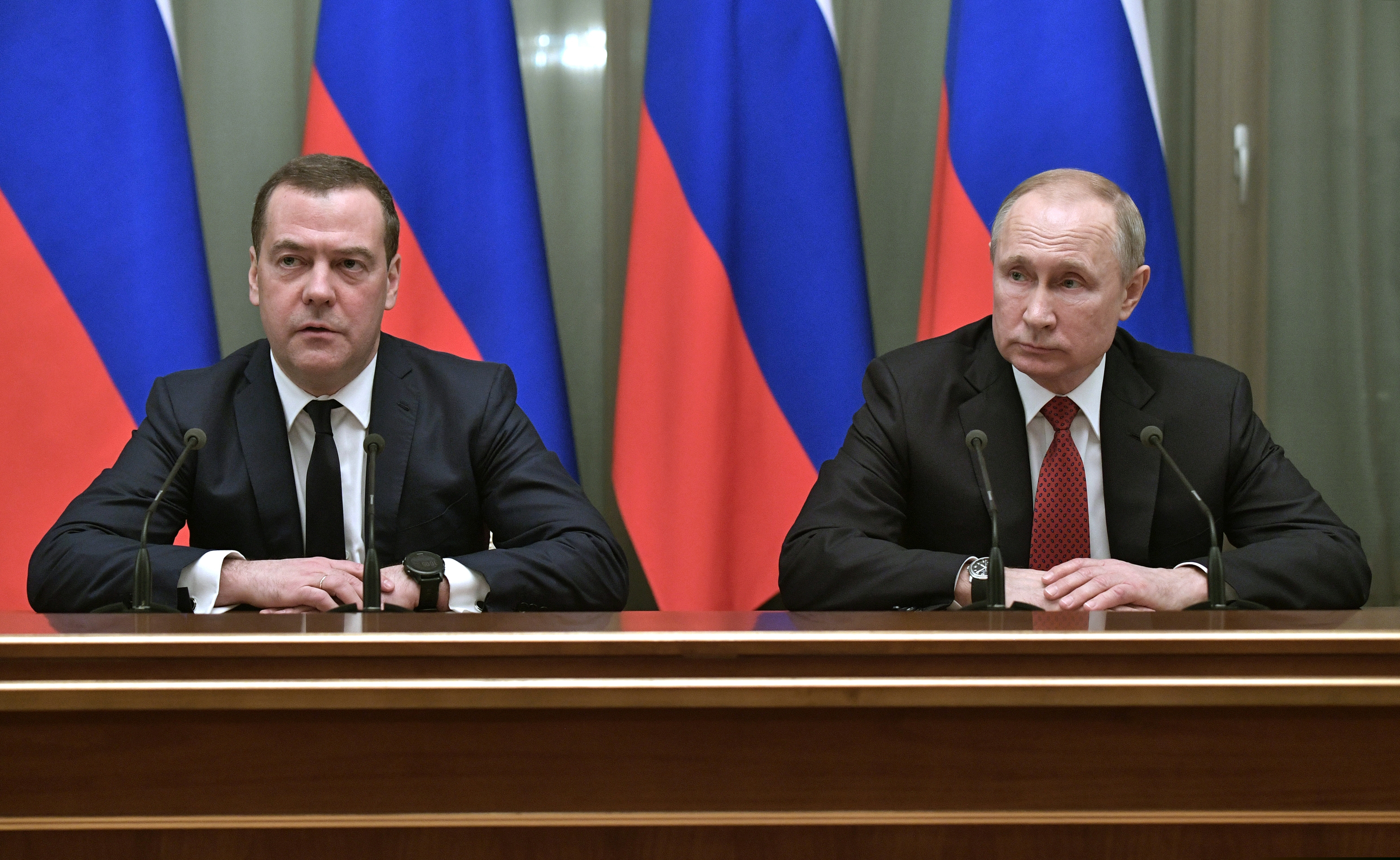 Russian President Vladimir Putin, right, and Russian Prime Minister Dmitry Medvedev attend a cabinet meeting in Moscow, Russia, Wednesday, Jan. 15, 2020. The Tass news agency reports Wednesday that Russian Prime Minister Dmitry Medvedev submitted his resignation to President Vladimir Putin. Russian news agencies said Putin thanked Medvedev for his service but noted that the prime minister's Cabinet failed to fulfil all the objectives set for it.