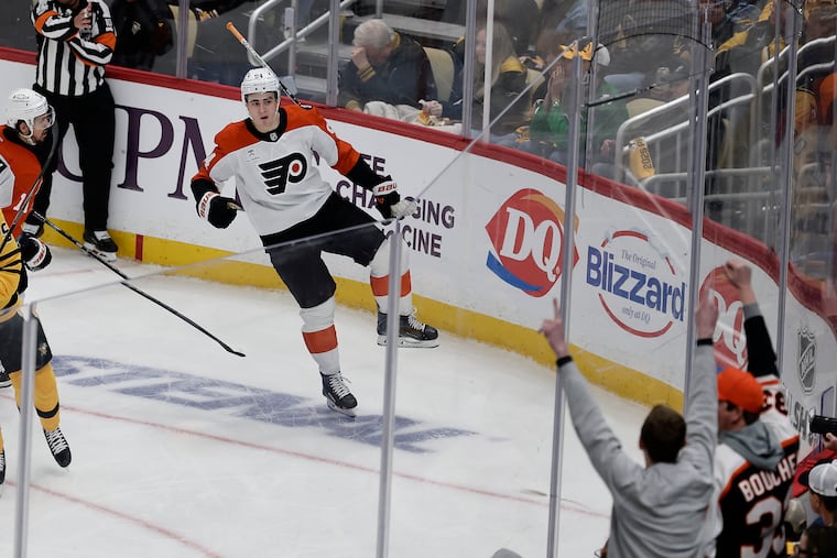 Philadelphia Flyers right wing Porter Martone (left) celebrates his goal during the second period of Game 2 of the NHL playoff first-round series in Pittsburgh on Monday, April 20, 2026.