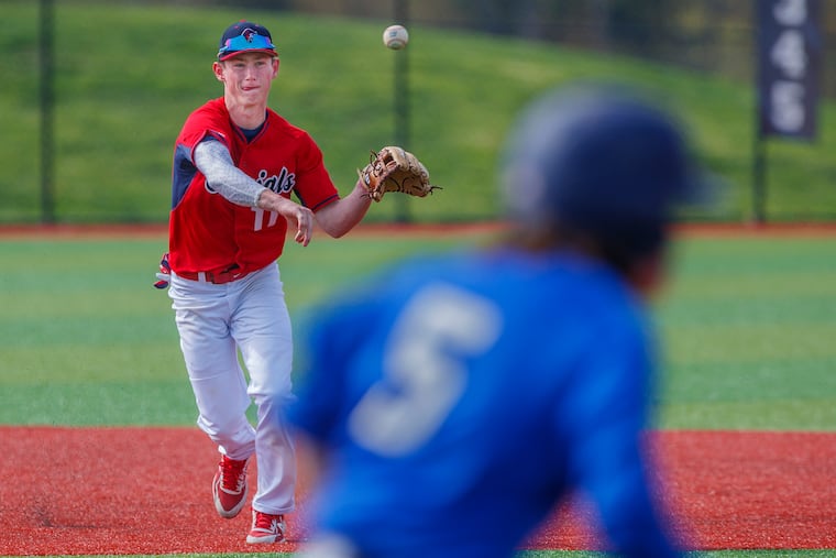 Plymouth Whitemarsh shortstop Joe Jaconski makes a throw to first base.