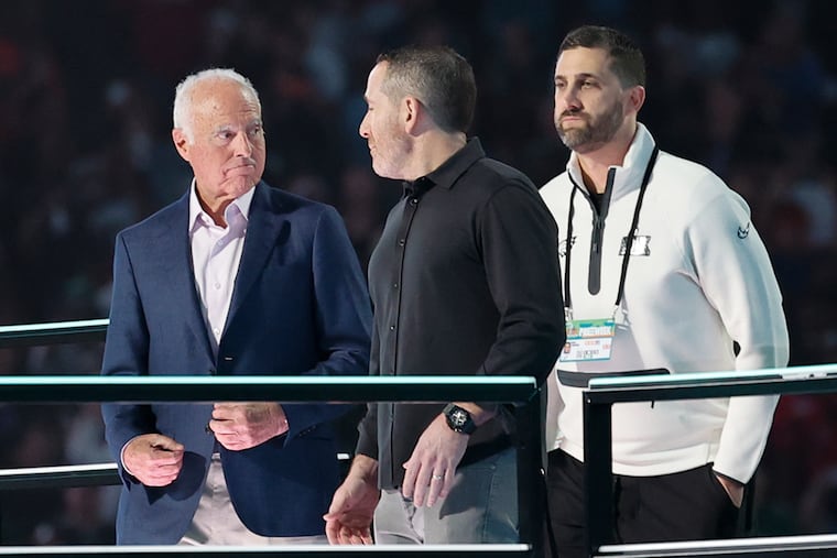Forward thinkers: Eagles owner Jeffrey Lurie with general manager Howie Roseman (center) and coach Nick Sirianni during Super Bowl LIX opening night.