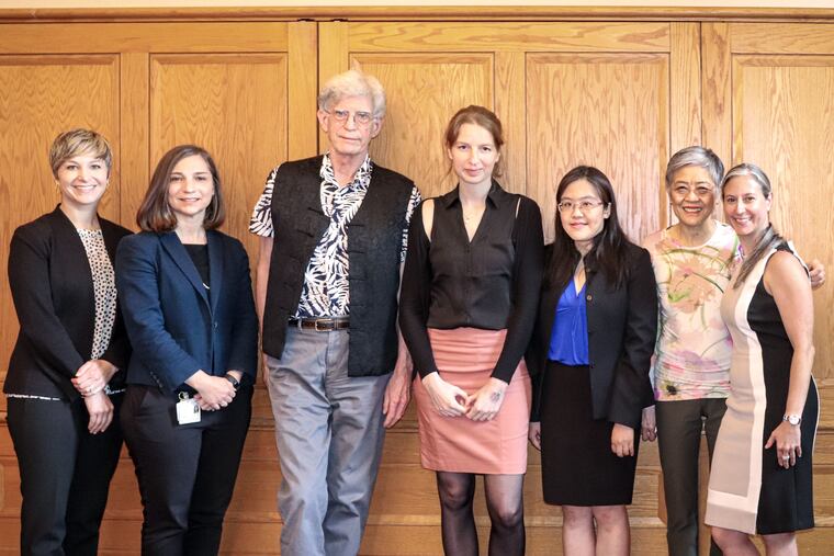 Pictured from left to right are Rebecca Edelmayer, Alzheimer's Association director of scientific engagement; Dawn Mechanic-Hamilton; John Trojanowski,
co-director of the Center for Neurodegenerative Disease Research (CNDR) at
Penn; Laura Wisse; Yuk Yee Leung; Virginia Lee, director of CNDR, and Kristina Fransel, Alzheimer's Association Delaware Valley Chapter executive director.