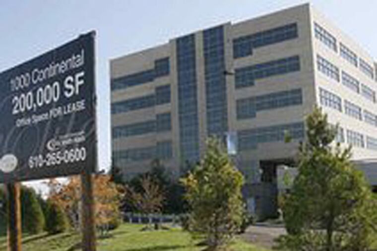 A sign near an office building on Route 202 in Valley Forge advertises the 200,000 square feet available for lease. Both landlords and tenants are likely to get choosier as the market turns, experts say. (Charles Fox / Staff)