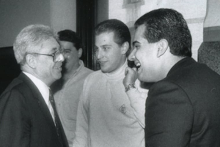 Simone (left) in 1988 hallway meeting with (from left) Rich Grande, "Little Nicky" Scarfo and unidentified man.