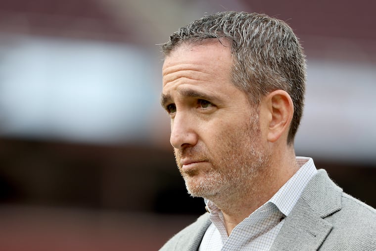 Eagles GM Howie Roseman watches over warm-ups before the Eagles play the Washington Commanders at FedEx Field in Landover, Md. on Sunday, Oct. 29, 2023.