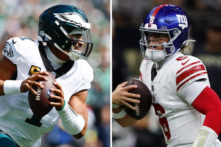 Eagles quarterback Jalen Hurts and New York Giants quarterback Jaxson Dart.