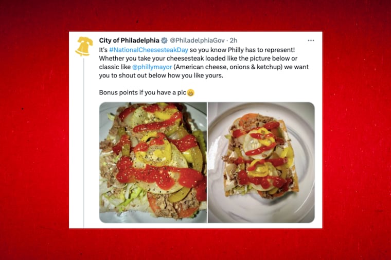 For National Cheesesteak Day, the city's Twitter account tweeted out Mayor Jim Kenney's alleged cheesesteak order — American cheese, onions, and ketchup — along with photos of an unidentified hoagie monstrosity with pickles and banana peppers.