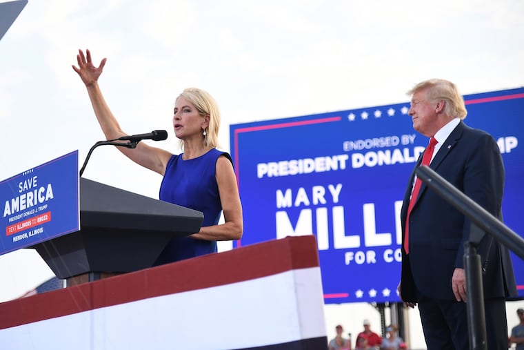 U.S. Representative Mary Miller (R., Ill.) gives remarks after receiving an endorsement during a Save America Rally with former U.S. President Donald Trump at the Adams County Fairgrounds on June 25, 2022, in Mendon, Ill. Trump will be stumping for Rep. Mary Miller in an Illinois congressional primary and it will be Trump's first rally since the United States Supreme Court struck down Roe v. Wade on Friday. (Michael B. Thomas/Getty Images/TNS)
