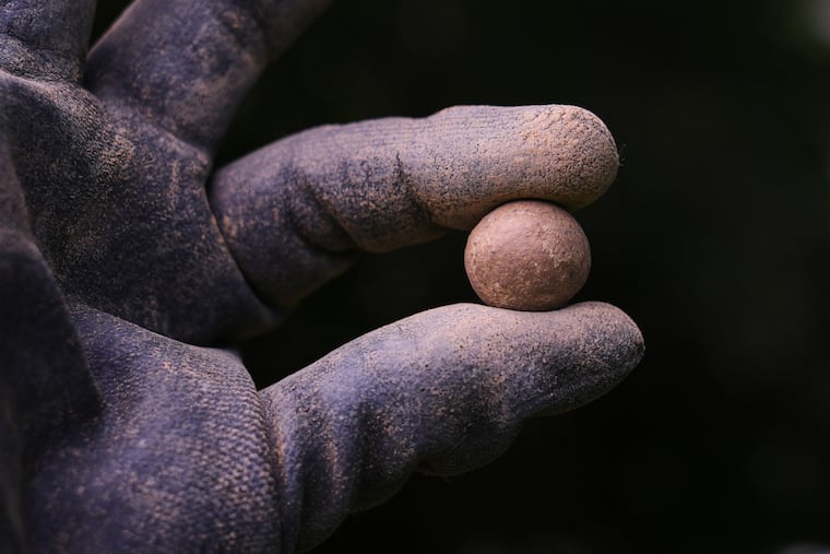 Calla Ruff, an intern from Carleton College, holds a musket ball Monday that was removed from an archaeological dig at the site of the Battle of Bunker Hill in Boston.