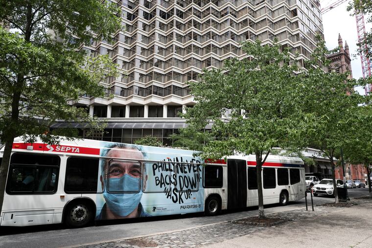 A SEPTA bus passing through Rittenhouse Square.