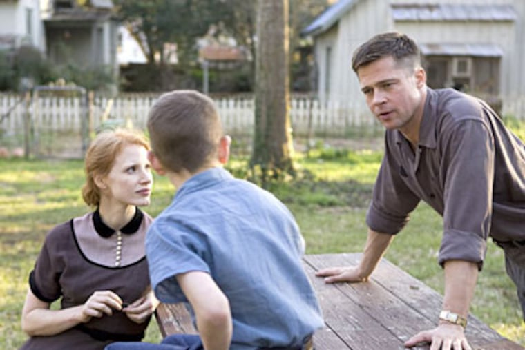 Brad Pitt is Mr. O'Brien, Jessica Chastain is Mrs. O'Brien, 1950s Texans.
Sean Penn also stars as their latter-day son, a pained, taciturn architect.