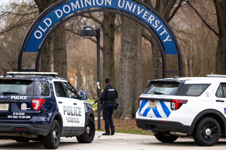 Police arrive outside Old Dominion University's campus after reports of an active shooter on Thursday, March 12, 2026 in Norfolk, Va.