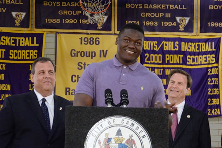 Andrew Stevens, the first state wrestling champion from Camden High School, speaks about his accomplishments and plans to attend The University of Maine on a full football scholarship on Monday, June 9, 2014. (VIVIANA PERNOT/Staff Photographer)