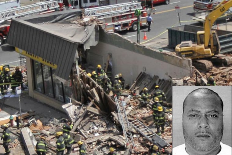 The horrific scene that was the Market Street building collapse June 5, 2013. A judge today (June 27, 2014) denied a lawyer's motion seeking for house arrest/electronic monitoring for demolition contractor Griffin Campbell (inset). (Michael Bryant/Staff/File photo)