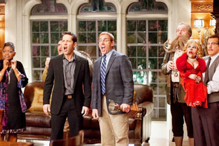 The "Dinner for Schmucks" lineup: (from left) Octavia Spencer, Patrick Fischler, Paul Rudd, Steve Carell, Rick Overton, and Jeff Dunham. Carell is a doofus who makes mouse dioramas.