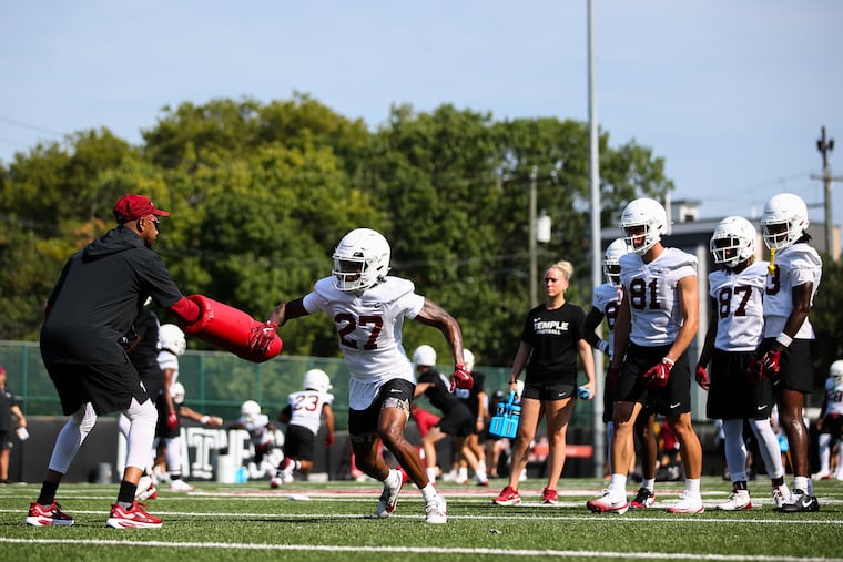 Temple wide receiver Kian Johnson competes in drills during the first day of preseason practice at Edberg-Olson Hall on Wednesday.