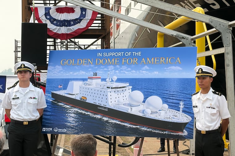 This depiction of one of the "Golden Defender" anti-missile ships to be built at Hanwha Philly Shipyard was unveiled by Texas A&M Martime Academy midshipmen at a ceremony.