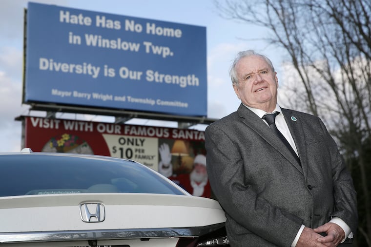 Winslow Twp. Mayor Barry Wright is responsible for this "Hate Has No Home in Winslow Twp. Diversity is Our Strength" billboard message on Rt.73 in Winslow Twp., NJ. (Liz Robertson / Staff Photographer)