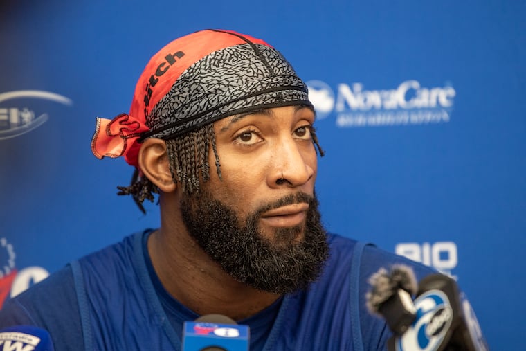 Sixers, Andre Drummond talks to reporters at the end of practice on Tuesday, October 19, 2021., at the Sixers Practice Facility in Camden, N.J.