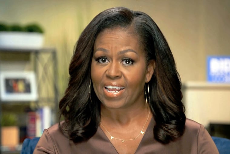 Former First Lady Michelle Obama speaks during the first night of the Democratic National Convention on Monday.