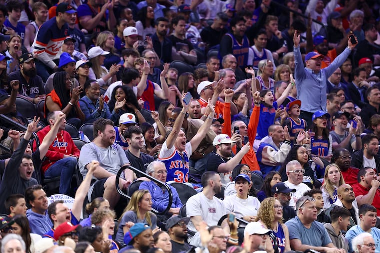 New York Knicks fans cheering during the second quarter in Game 4 in the Eastern Conference Semifinals at Xfinity Mobile Arena Sunday, May 10, 2026, in Philadelphia.