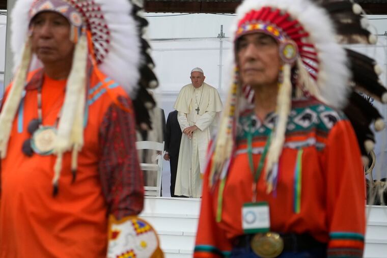 Pope Francis arrives for a meeting with indigenous communities, including First Nations, Metis, and Inuit, at Our Lady of Seven Sorrows Catholic Church in Maskwacis, near Edmonton, Canada, on Monday.
