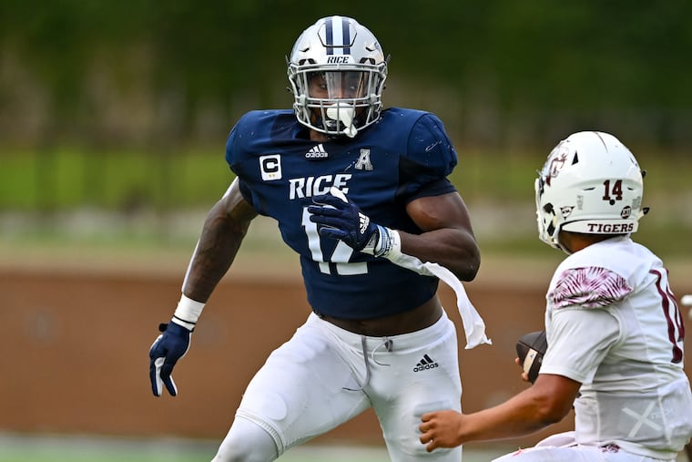 Rice linebacker Josh Pearcy (12) chases the ballcarrier during the Owls' game against Texas Southern. Pearcy, a South Jersey native, recently signed with the WWE's NIL program.