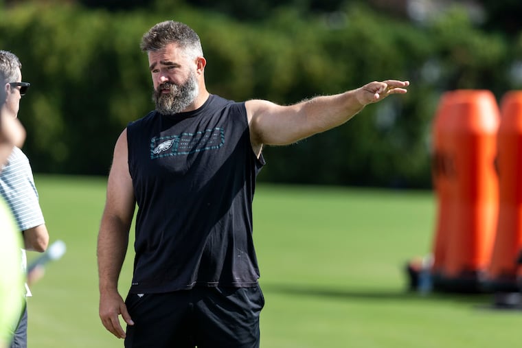 Former Eagles center Jason Kelce converses at training camp at the Jefferson Health Training Complex. We can't know if he's giving directions to the bathroom, but he recently went viral for starring in a potty-themed commercial.