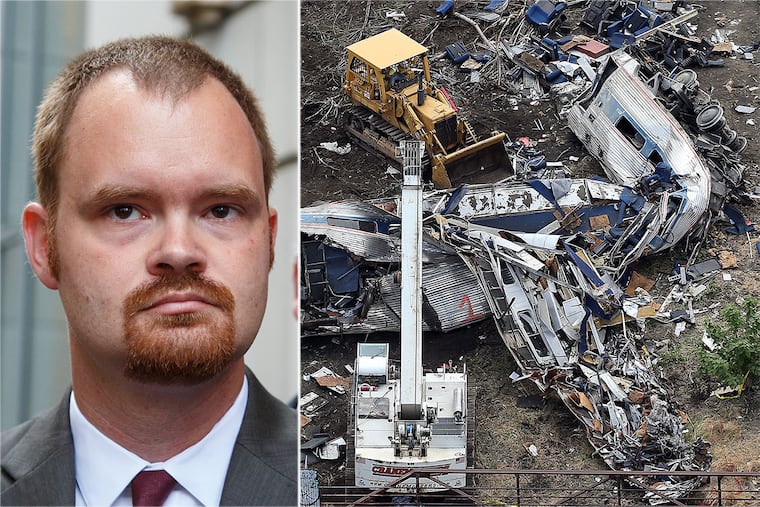 Amtrak engineer Brandon Bostian outside the Criminal Justice Center in Philadelphia after judge Thomas Gehret dropped the charges against him from the 2015 derailment that killed 8 and injured 150 passengers after the AMTRAK train he was operating derailed on the way to NYC.