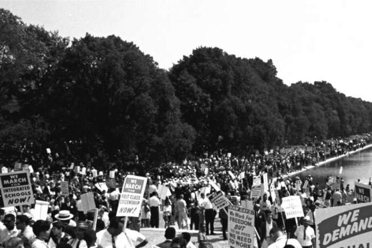 Throngs milling Aug. 28, 1963, at the Lincoln Memorial. Has the dream been achieved?