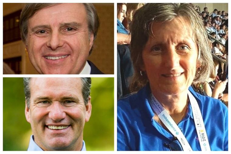 David Landau, top left, has said he is running for reelection for leader of Delaware County’s Democratic Party. Labor leader John Kane, bottom left, announced he is challenging him. Colleen Guiney, Swarthmore Democratic Party leader, is a rumored “compromise” candidate.