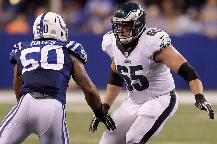 Eagles tackle Lane Johnson blocks Colts linebacker Trevor Bates.
