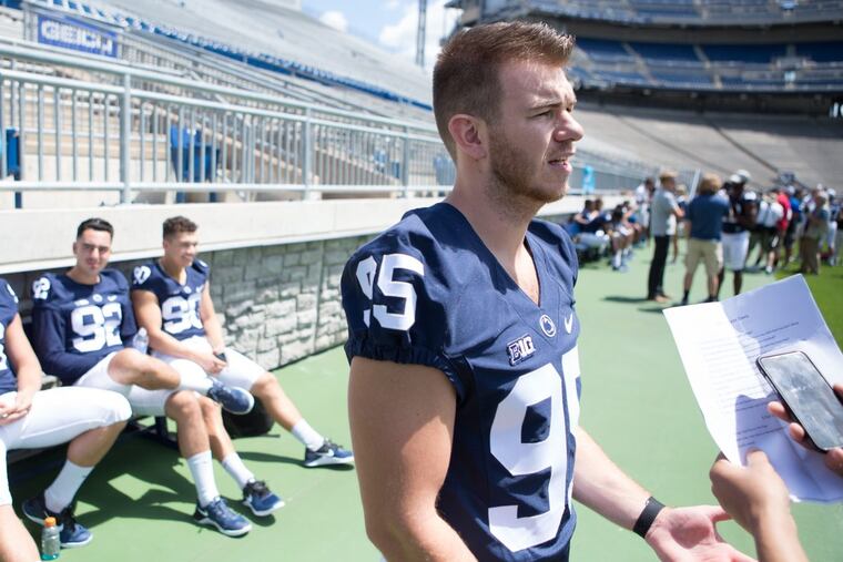 Kicker Tyler Davis (95) speaks during Media Day at Penn State.