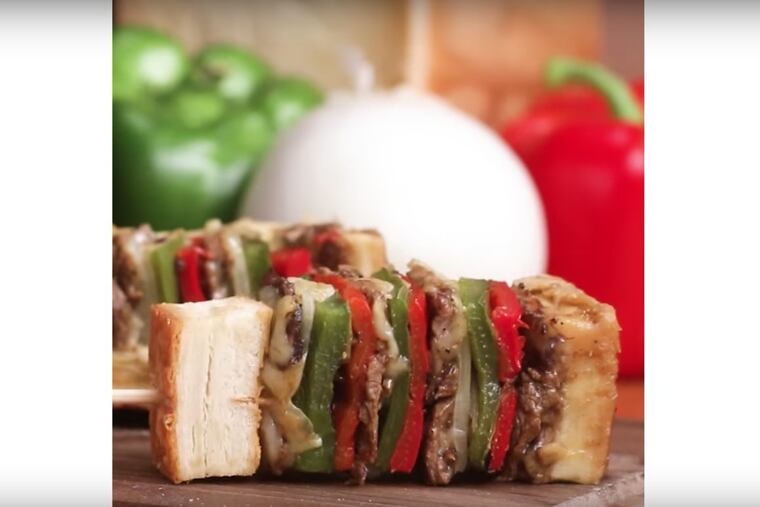 A screenshot from Buzzfeed Tasty's video for "ultimate cheesesteak skewers."