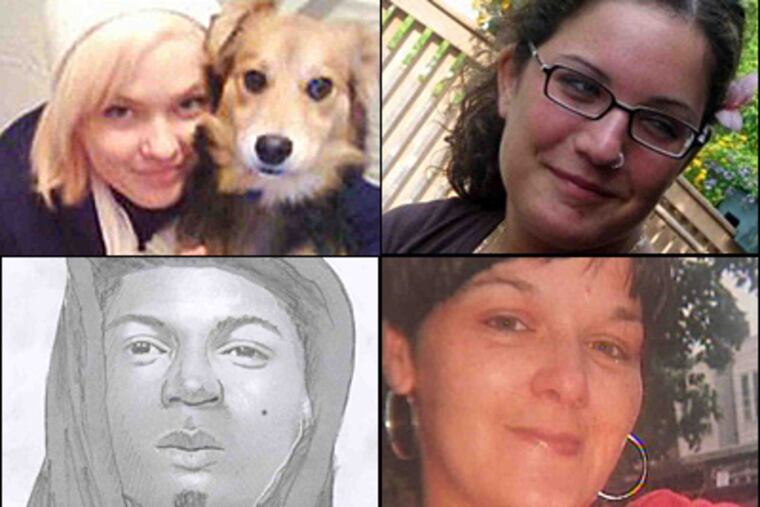 Clockwise from top left: strangulation victims Allison Edwards, Elaine Goldberg and Nicole Piacentini and a police sketch of a possible suspect. Police have another case; a woman reported being sexually assaulted in Kensington this morning.