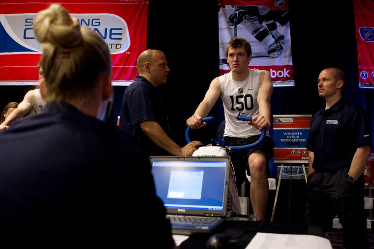 Current Flyers center Sean Couturier undergoing a test on a stationary bike at the 2011 NHL draft combine.