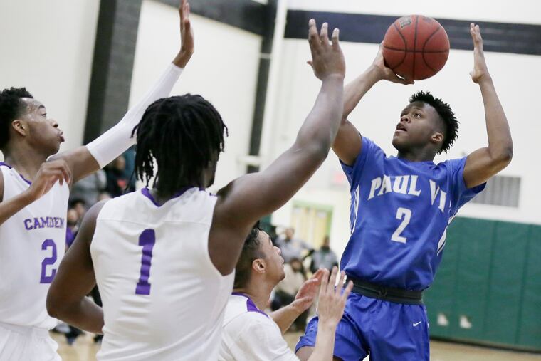 Paul VI # 2 Tyshon Judge shoots the ball in the second half of the Paul VI vs Camden H.S. boys basketball game at Creative Arts H.S. in Camden, N.J. on February 7, 2019. Camden won the game 51-43.